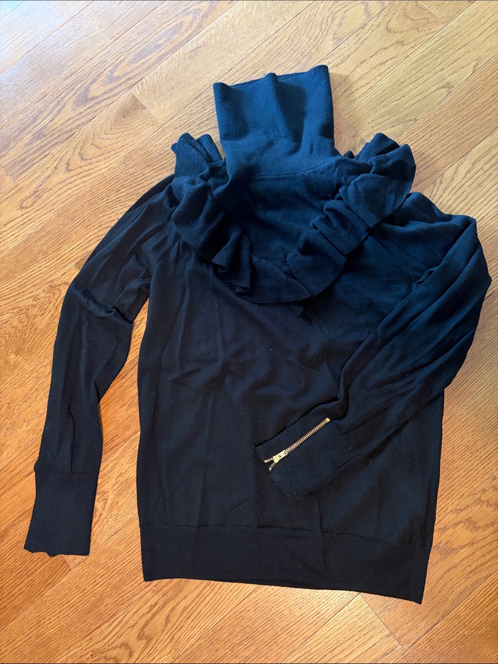 J. Crew Black Ruffle Turtleneck 100% Merino Wool Sweater with Zip Cuff